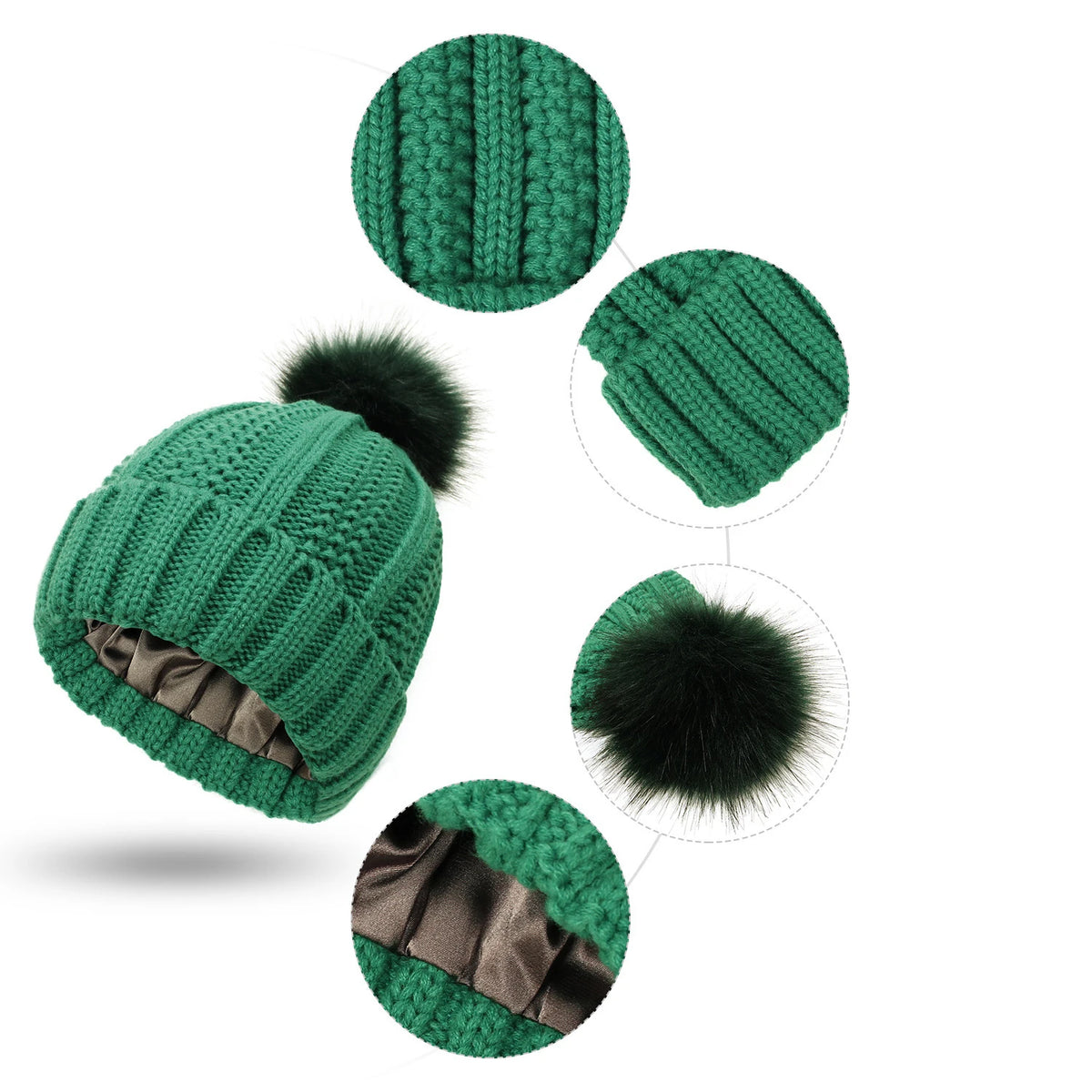 Close-up of the satin lining, cable knit and faux-fur pom-pom