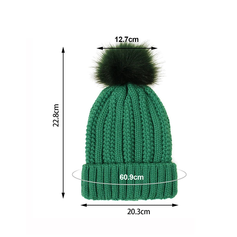 Beanie size guide: 22.8 cm tall, 20.3 cm wide, 12.7 cm pom-pom