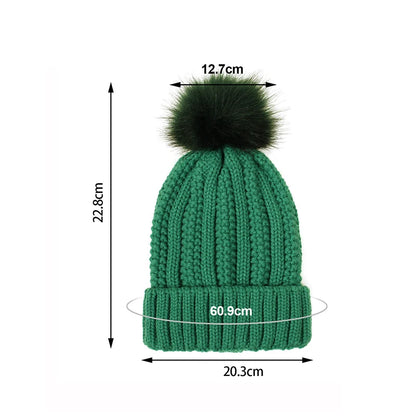 Beanie size guide: 22.8 cm tall, 20.3 cm wide, 12.7 cm pom-pom