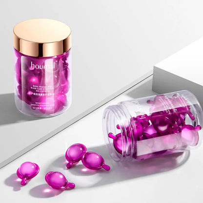 Jar of rose hair oil capsules