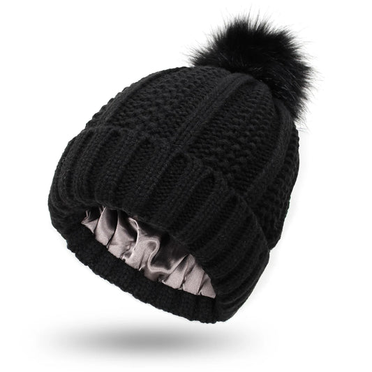 Veloura satin-lined beanie in Midnight Black