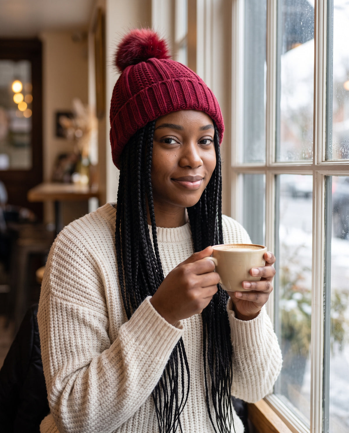 Woman with box braids wearing the wine red Veloura beanie in a cafe