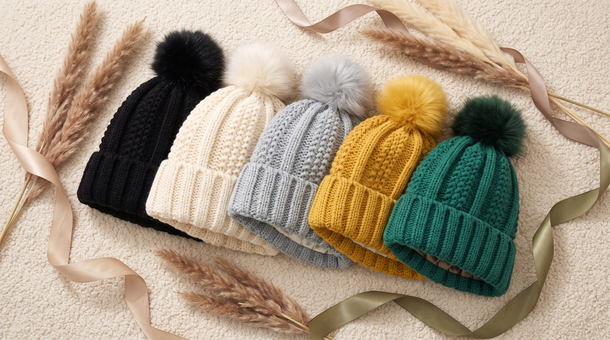 Five Veloura beanies in black, cream, grey, mustard and green on cream fabric
