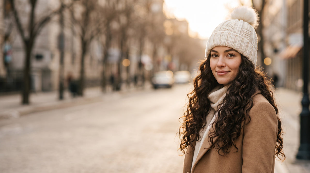 Woman with long curly hair wearing the cream Veloura satin-lined beanie on a winter street