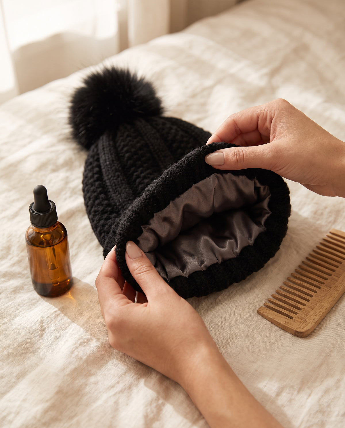 Hands folding back the cuff of a black Veloura beanie to show the smooth satin lining
